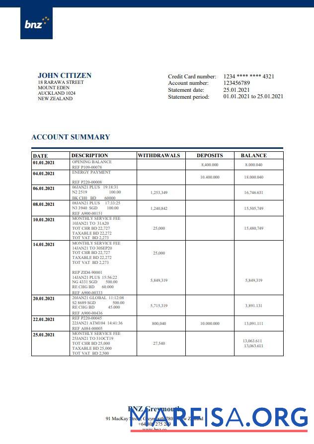 Downloadable New Zealand BNZ Greymouth bank statement word template